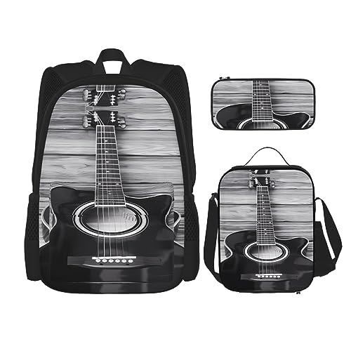 Robuster und leichter Taschenrucksack, Umhängetasche, Lunchtasche, Stifttasche, Set – verstellbarer Schultergurt, Vintage-Gitarrenmuster, Schwarz , Einheitsgröße von PartyUnix