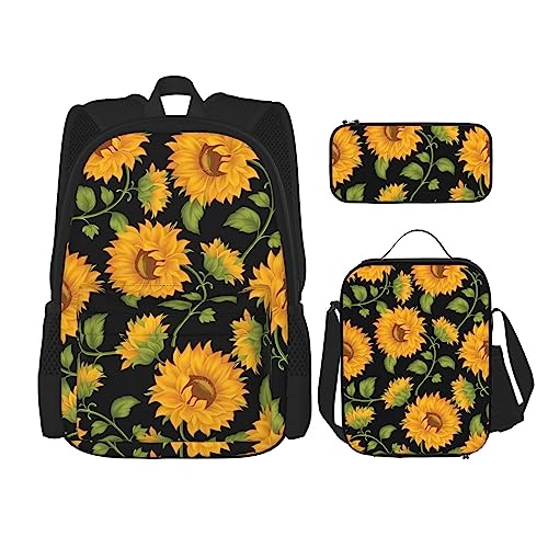 Rucksack Sonnenblumenmuster 3-teilig Schulranzen mit Brotdose und Federmäppchen Set =>> Geeignet für Jungen und Mädchen, Schwarz , Einheitsgröße, Kinderrucksack von PartyUnix