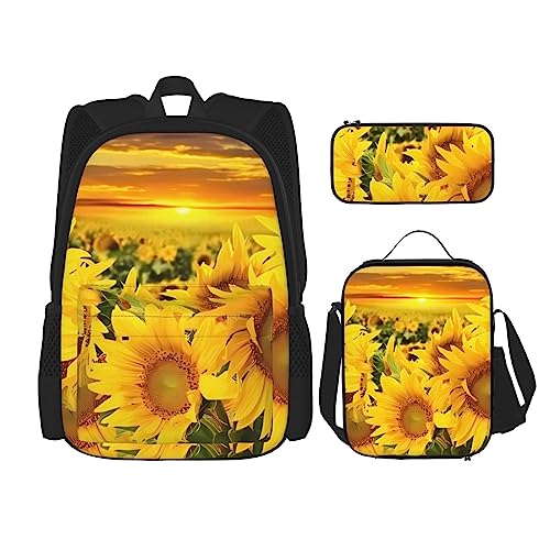 Rucksack Sonnenblumenmuster 3-teilig Schulranzen mit Brotdose und Federmäppchen Set =>> Geeignet für Jungen und Mädchen, Schwarz , Einheitsgröße, Kinderrucksack von PartyUnix