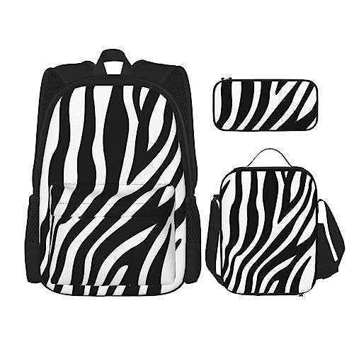 Rucksack mit Zebramuster, 3-teilig, Schulranzen mit Brotdose und Federmäppchen, geeignet für Jungen und Mädchen, Schwarz , Einheitsgröße, Kinderrucksack von PartyUnix