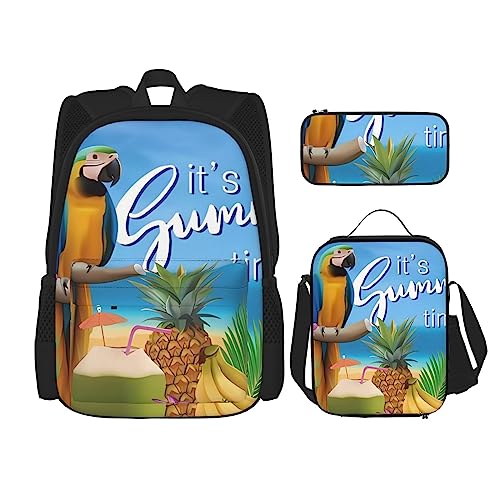 Sommer Papagei Ananas Vogel Rucksack 3-teilig Schulranzen mit Brotdose und Federmäppchen Set =>> Geeignet für Jungen und Mädchen, Schwarz , Einheitsgröße, Kinderrucksack von PartyUnix