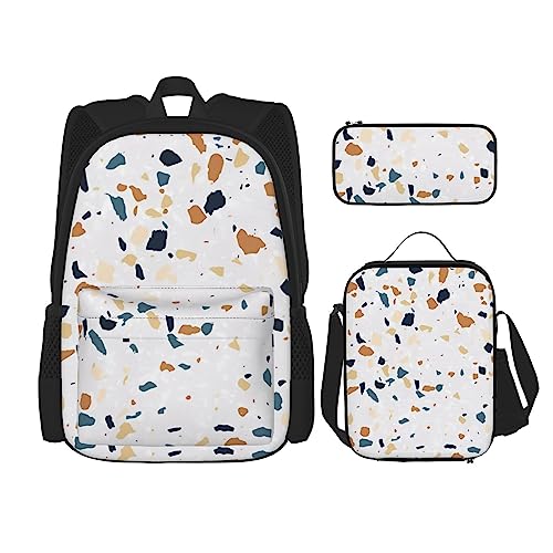 Terrazzo Marmor Pastell Drucke Rucksack 3-teilig Schulranzen mit Brotdose und Federmäppchen Set - Geeignet für Jungen und Mädchen, Schwarz , Einheitsgröße, Kinderrucksack von PartyUnix