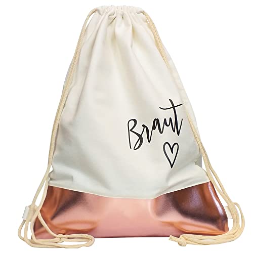 Partybob JGA Turnbeutel Rucksack - Braut-Beutel mit Rosegold-Borte (Weiß) von Partybob