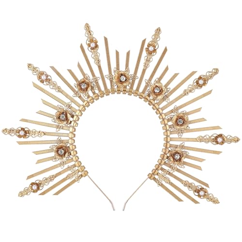 PartyforU Sunburst Göttin Halo Stirnband - Gold Vintage Halo Krone mit Blume für Frauen Renfaire Cosplay Zubehör PartyforU Sunburst Göttin Halo Stirnband - Gold Vintage Halo Krone mit Blume für Frauen Renfaire Cosplay Zubehör von PartyforU
