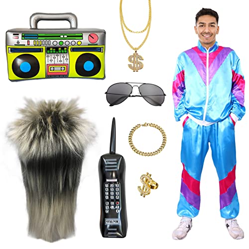 Partymall 80er Jahre Outfit Herren Damen, Kostüm Trainingsanzug Jacke Hose, 80er Jahre Kostüm mit Stirnband Armbänder Brille Paare, Retro Anzug Style Jogginganzug para Karneval (Blau, L) von Partymall