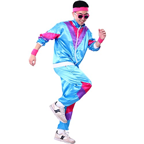 Partymall 80er Jahre Outfit Herren Damen, Karneval Kostüm Trainingsanzug Jacke Hose Retro Anzug, 80er Jahre Kostüm mit Stirnband Armschienen Brille von Partymall