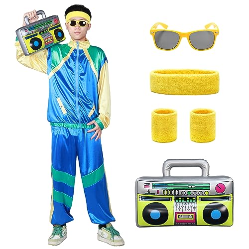 Partymall 80er Jahre Outfit Herren Damen, Retro Trainingsanzug Jogginganzug Trainingsjacke Hose Herren Damen Party Accessoires für Halloween, Karneval, Cosplay (Blau, M) von Partymall