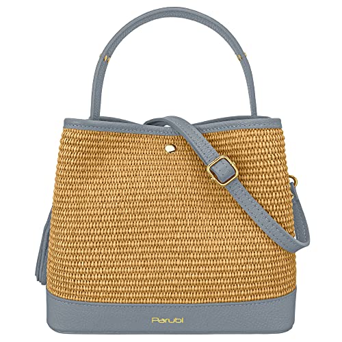 Parubi Damen-Eimertasche, bunte Tasche aus natürlichem Bast und echtem Leder, Sommertasche Made in Italy, Umhängetasche, mittlere kleine Tasche für Damen, elegantes Mädchen, Elide, Avio, 25x14x21 cm von Parubi