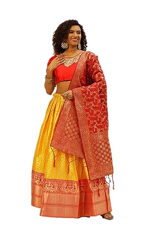 Lehenga Choli für Damen, ethnischer indischer Stil, Hochzeit, Party, tragen Sie ein vollständig genähtes Kleid, Gelb und Rot, Small von Parvdi