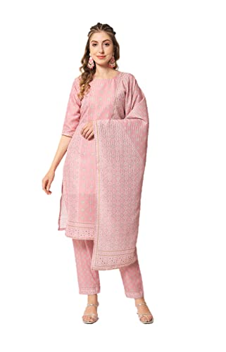 Parvdi Kurta-Set für Damen mit indischem Dupatta-Stil, Partykleidung, bedruckt, gerade, Kurti mit Hose, Helles Pink, Medium von Parvdi