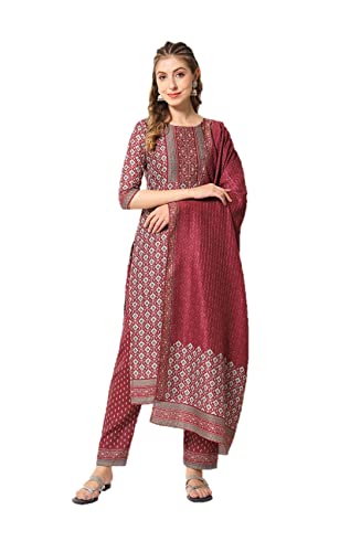 Parvdi Kurta-Set für Damen mit indischem Dupatta-Stil, Partykleidung, bedruckt, gerade, Kurti mit Hose, Kastanienbraun, XXX-Large von Parvdi