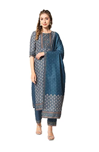 Parvdi Kurta-Set für Damen mit indischem Dupatta-Stil, Partykleidung, bedruckt, gerade, Kurti mit Hose, Türkisches Blau, XXX-Large von Parvdi