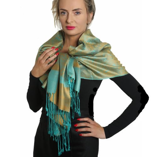 PashminaShine-Schal-Weich Wie Kaschmir Und leicht wie Seide-Mit Paisley motiv-Pashmina-Schal Damen-Schal Herren-200 * 70 cm-Schal Winter-Jaquard-Wrap-Schals und Tücher für Damen (Aqua Marin) von PashminaShine