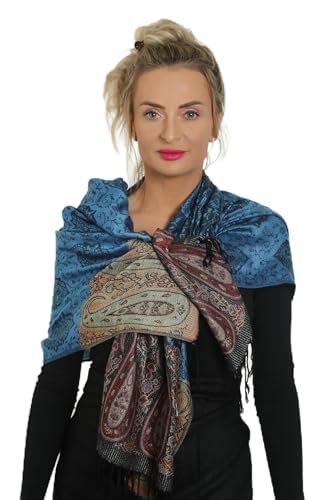 PashminaShine-Schal-Weich Wie Kaschmir Und leicht wie Seide-Mit Paisley motiv-Pashmina-Schal Damen-Schal Herren-200 * 70 cm-Schal Winter-Jaquard-Wrap-Schals und Tücher für Damen (Blau Rot) von PashminaShine