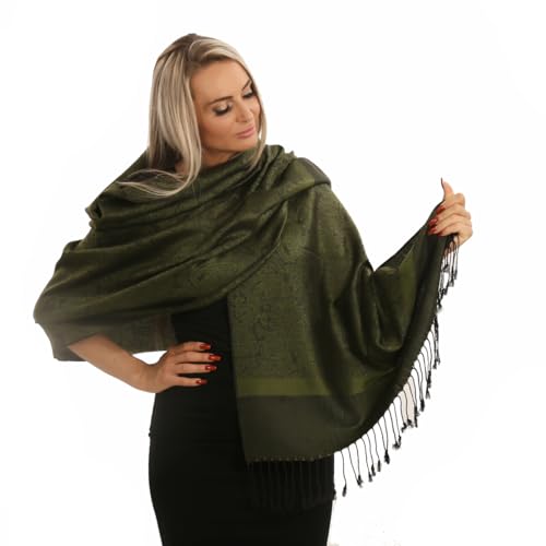 PashminaShine-Schal-Weich Wie Kaschmir Und leicht wie Seide-Mit Paisley motiv-Pashmina-Schal Damen-Schal Herren-200 * 70 cm-Schal Winter-Jaquard-Wrap-Schals und Tücher für Damen (Moos Grün-) von PashminaShine