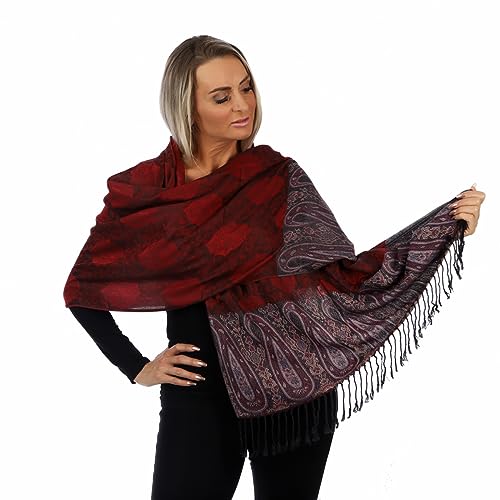 PashminaShine-Schal-Weich Wie Kaschmir Und leicht wie Seide-Mit Paisley motiv-Pashmina-Schal Damen-Schal Herren-200 * 70 cm-Schal Winter-Jaquard-Schals und Tücher für Damen (Rot Geflammt) von PashminaShine