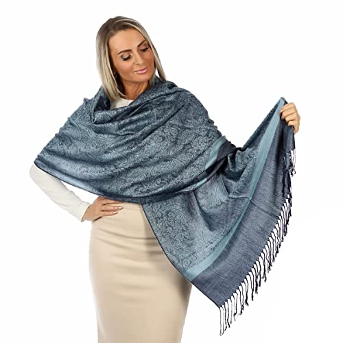 PashminaShine-Schal-Weich Wie Kaschmir Und leicht wie Seide-Mit Paisley motiv-Pashmina-Schal Damen-Schal Herren-200 * 70 cm-Schal Winter-Jaquard-Wrap-Schals und Tücher (Jeans Blue) von PashminaShine