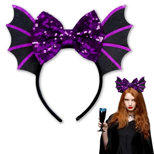 Halloween-Stirnband, Party-Dekorationen für Mädchen, Halloween-Haar-Accessoires, niedliche violette Pailletten-Schleife, Fledermaus-Haarreifen, Hallowen-Stirnbänder für Frauen und Mädchen, Make-up von Pasiihol