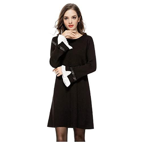 Female Strickkleid Rundhalsausschnitt Schleife Schlaghose Ärmel Strickpulli Pullover Kleid von Paskyee