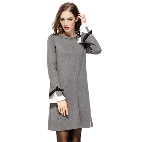 Female Strickkleid Rundhalsausschnitt Schleife Schlaghose Ärmel Strickpulli Pullover Kleid von Paskyee