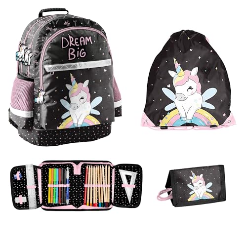Paso 4-TEILIGES SCHULSET: Rucksack + Turnbeutel + FEDERMAPPE + Portemonnaie - Einhorn - Unicorn Paso 4-TEILIGES SCHULSET: Rucksack + Turnbeutel + FEDERMAPPE + Portemonnaie - Einhorn - Unicorn von Paso