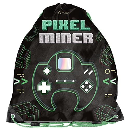 Kinder Turnbeutel/Sportbeutel 36x32 cm - Retro Gaming - Schwarz/Grün von PASO