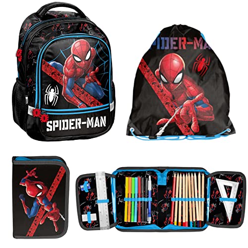 Paso Schulrucksack Set 3 Tlg. - Mit Turnbeutel & Befüllter Federmappe - Spiderman, Schwarz, 43 x 31 x 13 cm (HxBxT) von Paso