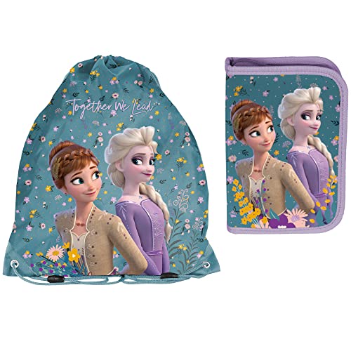 PASO Turnbeutel & Befüllte Federmappe - 22 Teilige Federtasche - Frozen die Eiskönigin - Türkis von PASO