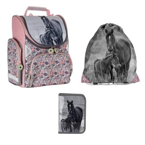Schulranzen Set 3 TLG. - Mit Turnbeutel & Befüllter Federmappe - Pferd von PASO