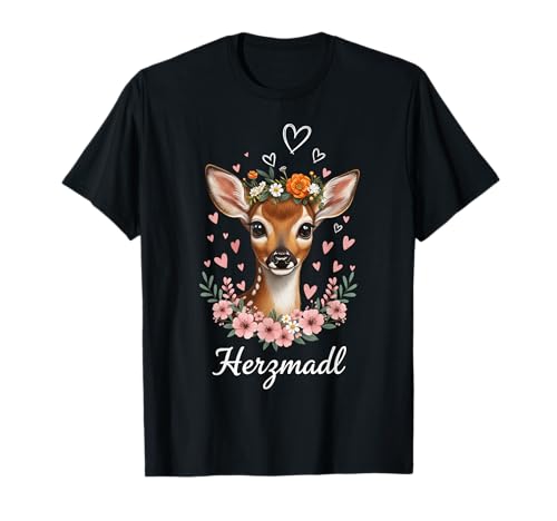 Herzmadl REH mit Blumenkranz Trachten Damen Look T-Shirt von Passend für Oktoberfest Trachten Herzmadl