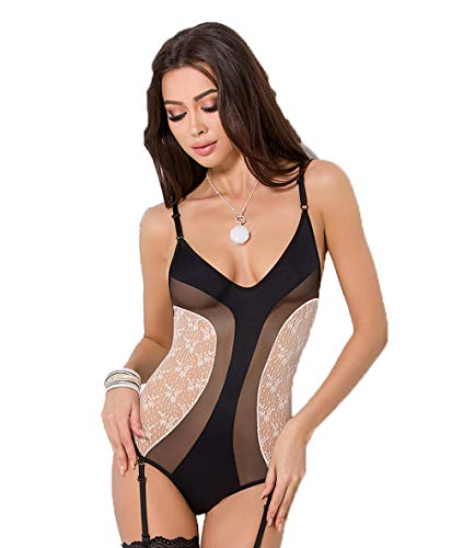 Damen Dessous Reizwäsche Straps Body schwarz weiß mit Tüll, Spitze und Strumpfhalter L/XL von Passion Dessous