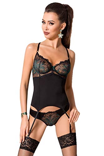 Damen Dessous Set Corset Straps-Hemd mit Bügel Cups und Slip mit Spitze schwarz grün XXL/XXXL von Passion Dessous