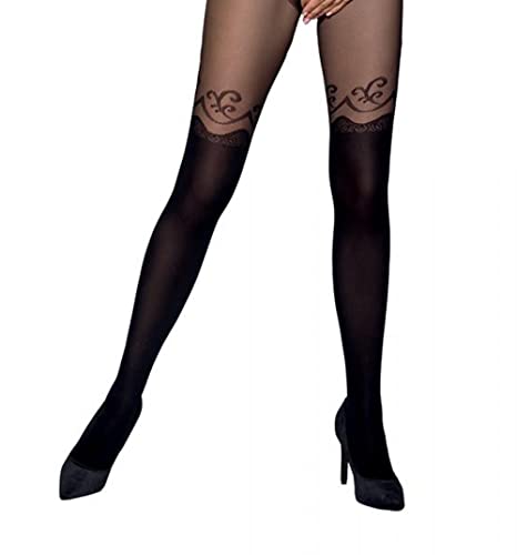 Damen Dessous ouvert Strumpfhose schwarz mit Overknee-Look und Muster im Schritt offen elastisch 3/4 von Passion Dessous