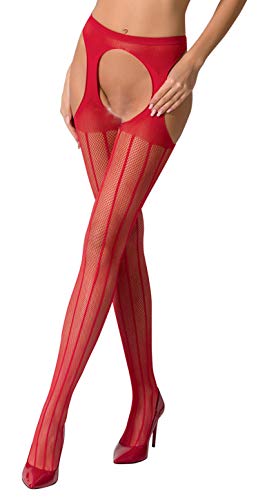 Erotische Damen Dessous ouvert Strumpfhose im Schritt offen Straps Look Strümpfe und Strapsgürtel rot OneSize von Passion Dessous