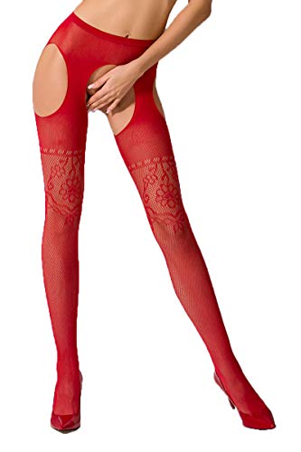 Erotische Damen Dessous ouvert Strumpfhose im Schritt offen Straps Look Strümpfe und Strapsgürtel rot OneSize von Passion Dessous