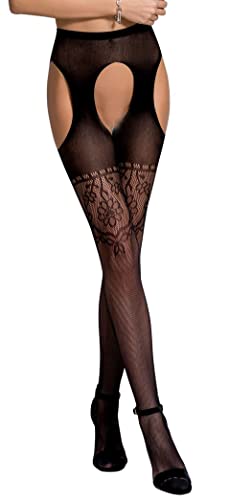 Erotische Damen Dessous ouvert Strumpfhose im Schritt offen Straps Look Strümpfe und Strapsgürtel schwarz OneSize von Passion Dessous