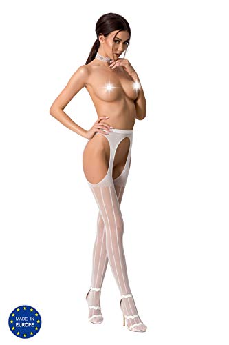 Erotische Damen Dessous ouvert Strumpfhose im Schritt offen Straps Look Strümpfe und Strapsgürtel weiß OneSize von Passion Dessous