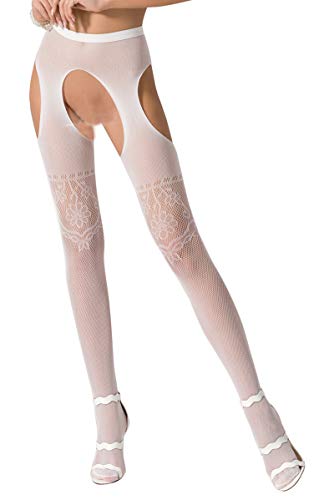 Erotische Damen Dessous ouvert Strumpfhose im Schritt offen Straps Look Strümpfe und Strapsgürtel weiß OneSize von Passion Dessous