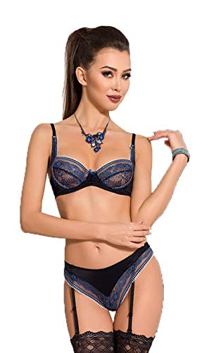 Frauen Dessous Reizwäsche Set aus BH mit Bügel Cups und Slip mit Strumpfhalter in schwarz mit Blauer Spitze Blickdicht S/M von Passion Dessous