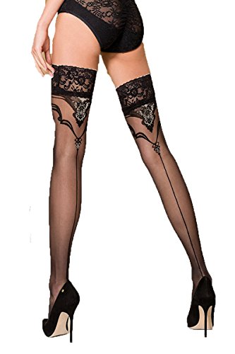 Halterlose Damen Dessous Strümpfe Stockings in schwarz mit Spitze und Silikonstreifen 20 den 3/4 von Passion Dessous