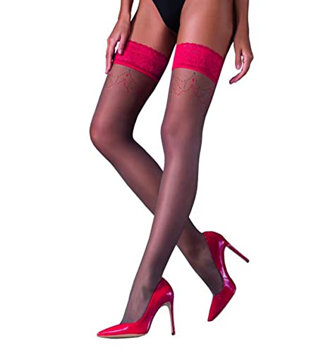 Halterlose Damen Dessous Strümpfe silber/rot mit breiter Spitze und doppeltem Silikonstreifen 20DEN 1/2 von Passion Dessous