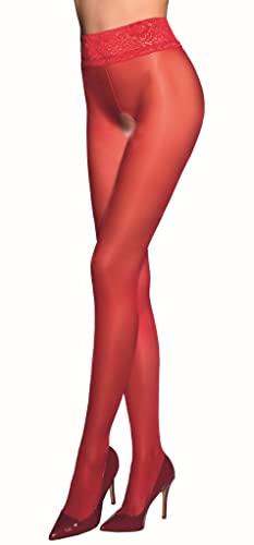 Ouvert Strumpfhose Frauen Dessous in rot elastisch transparent im Schritt offen mit Spitze 3/4 von Passion Dessous