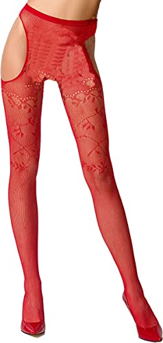 Passion Dessous Frauen ouvert Straps Strumpfhose im Schritt offen mit Muster erotisch Strapsgürtel und Stockings OneSize rot von Passion Dessous