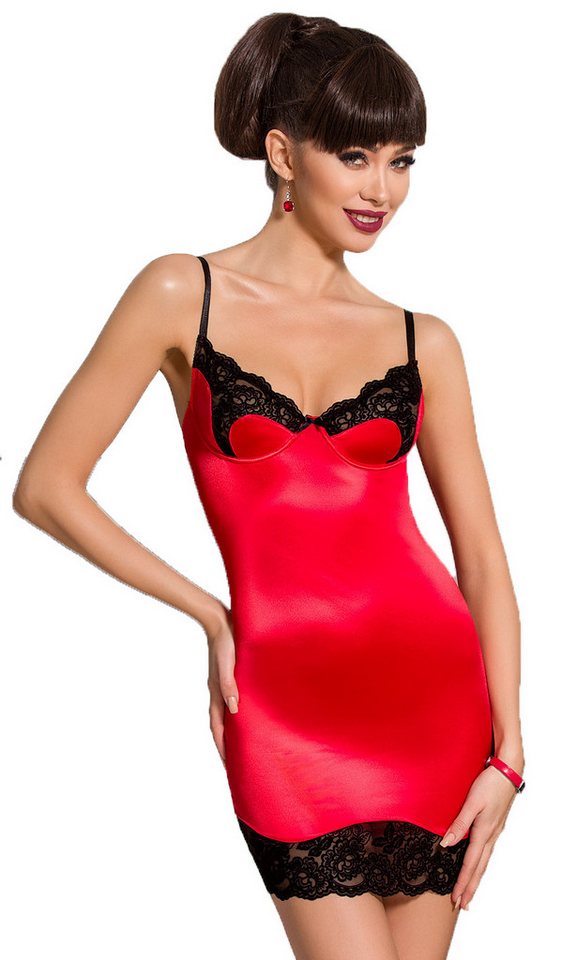 Passion Dessous Negligé Rotes Frauen Dessous Chemise Negligee blickdicht mit schwarzer Spitze von Passion Dessous