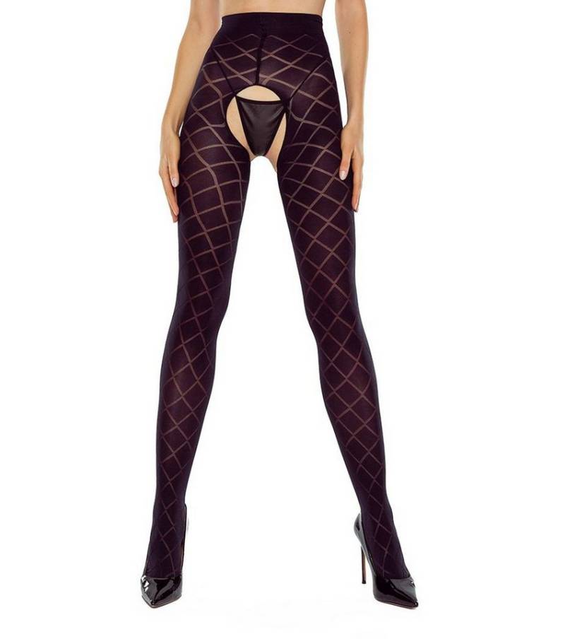 Passion Dessous Ouvert Strumpfhose Damen ouvert Strumpfhose schwarz mit Karomuster transparent dehnbar von Passion Dessous