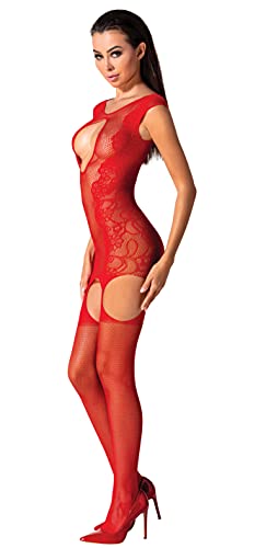 Passion Dessous Roter ouvert Bodystocking Catsuit aus Netz Material im Schritt offen elastisch Blumen Muster OneSize S/L von Passion Dessous