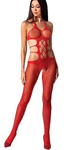 Passion Dessous Roter ouvert Neckholder Bodystocking Catsuit aus Netz Material im Schritt offen elastisch bauchfrei OneSize S/L von Passion Dessous