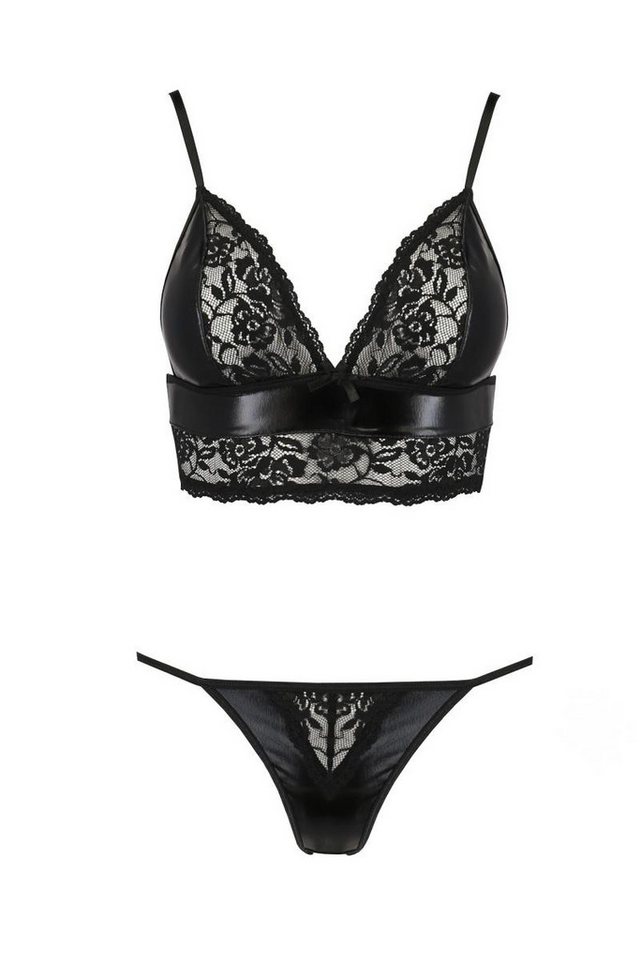 Passion Dessous Set: Dekolleté-BH Schwarzes Frauen Dessous Set BH mit Schnürung und Slip aus wetlook Mat von Passion Dessous