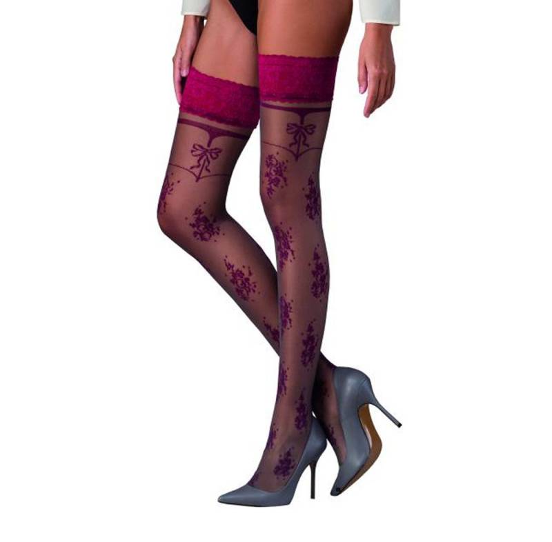 Passion Dessous Strümpfe Halterlose Damen Dessous Strümpfe silber/rot mit breiter Spitze und do von Passion Dessous