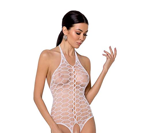 Passion Dessous Weißer ouvert Body Damen Netz Body im Schritt offen Fischnetz Muster S/L, Einheitsgröße von Passion Dessous